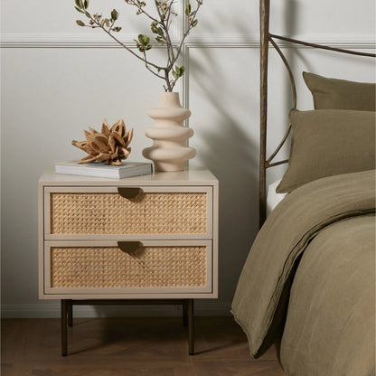 Luella Nightstand by Four Hands in matte alabaster, light natural cane. Made from engineered hardwood, cane, stainless steel in a modern style.