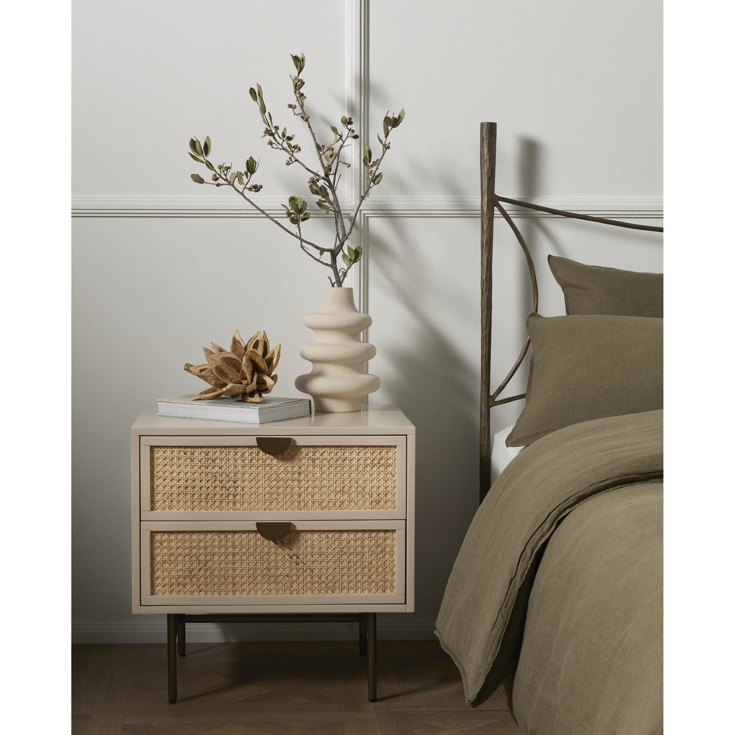 011 SI-1799797 | Lifestyle | Luella Nightstand by Four Hands in matte alabaster, light natural cane. Made from engineered hardwood, cane, stainless steel in a modern style.