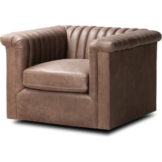 Watson Swivel Chair by Four Hands. Made from top grain leather, eucalyptus plywood, hd metal in a transitional style.