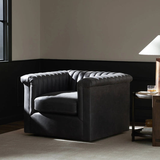 Watson Swivel Chair by Four Hands. Made from top grain leather, eucalyptus plywood, hd metal in a transitional style.