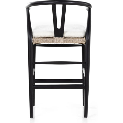 Muestra Counter Stool by Four Hands in vintage white, black teak. Made from solid teak, 100% polyethylene in a coastal style.