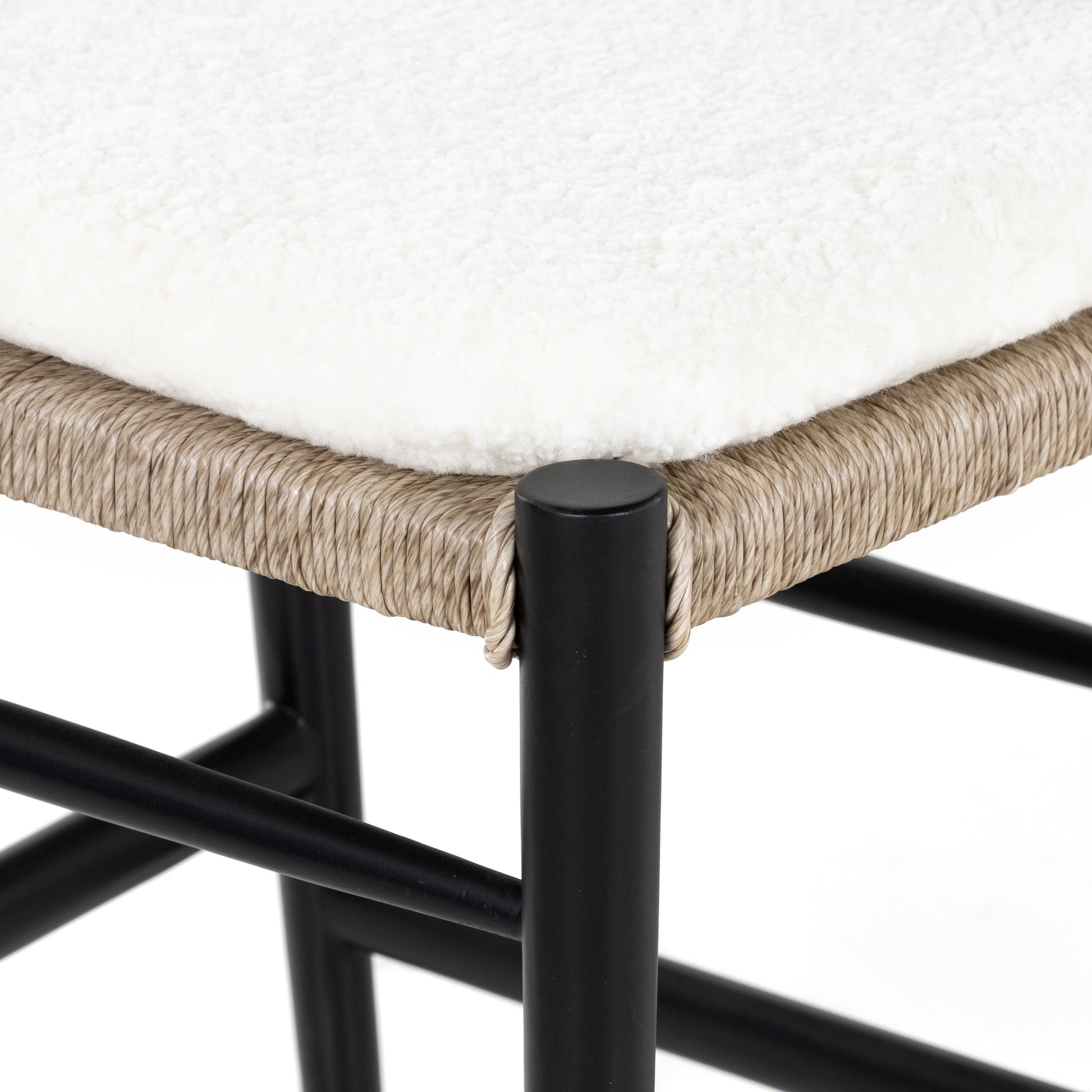 Muestra Counter Stool by Four Hands in vintage white, black teak. Made from solid teak, 100% polyethylene in a coastal style.