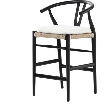 Muestra Counter Stool by Four Hands in vintage white, black teak. Made from solid teak, 100% polyethylene in a coastal style.