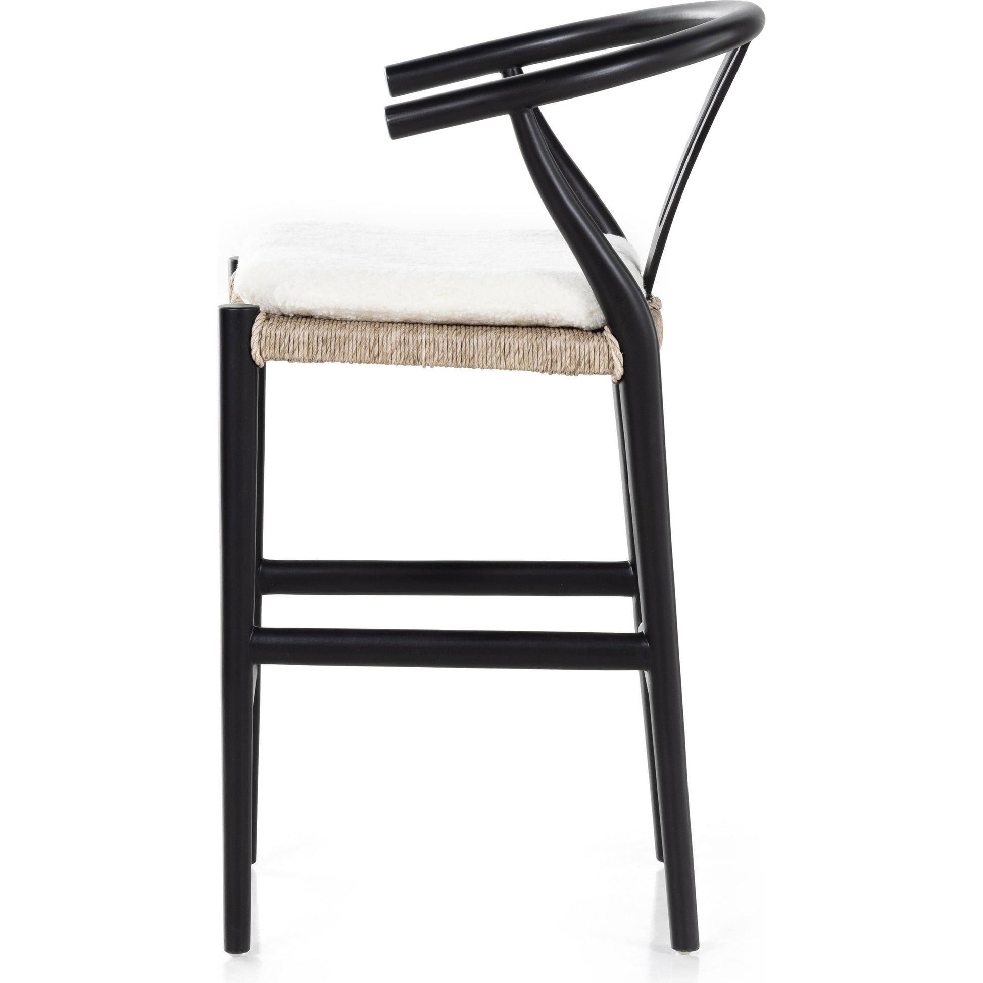 Muestra Counter Stool by Four Hands in vintage white, black teak. Made from solid teak, 100% polyethylene in a coastal style.