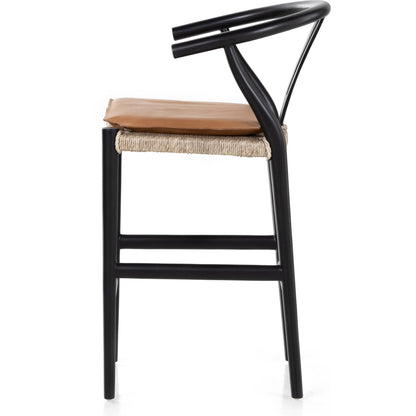 Muestra Counter Stool by Four Hands in vintage white, black teak. Made from solid teak, 100% polyethylene in a coastal style.