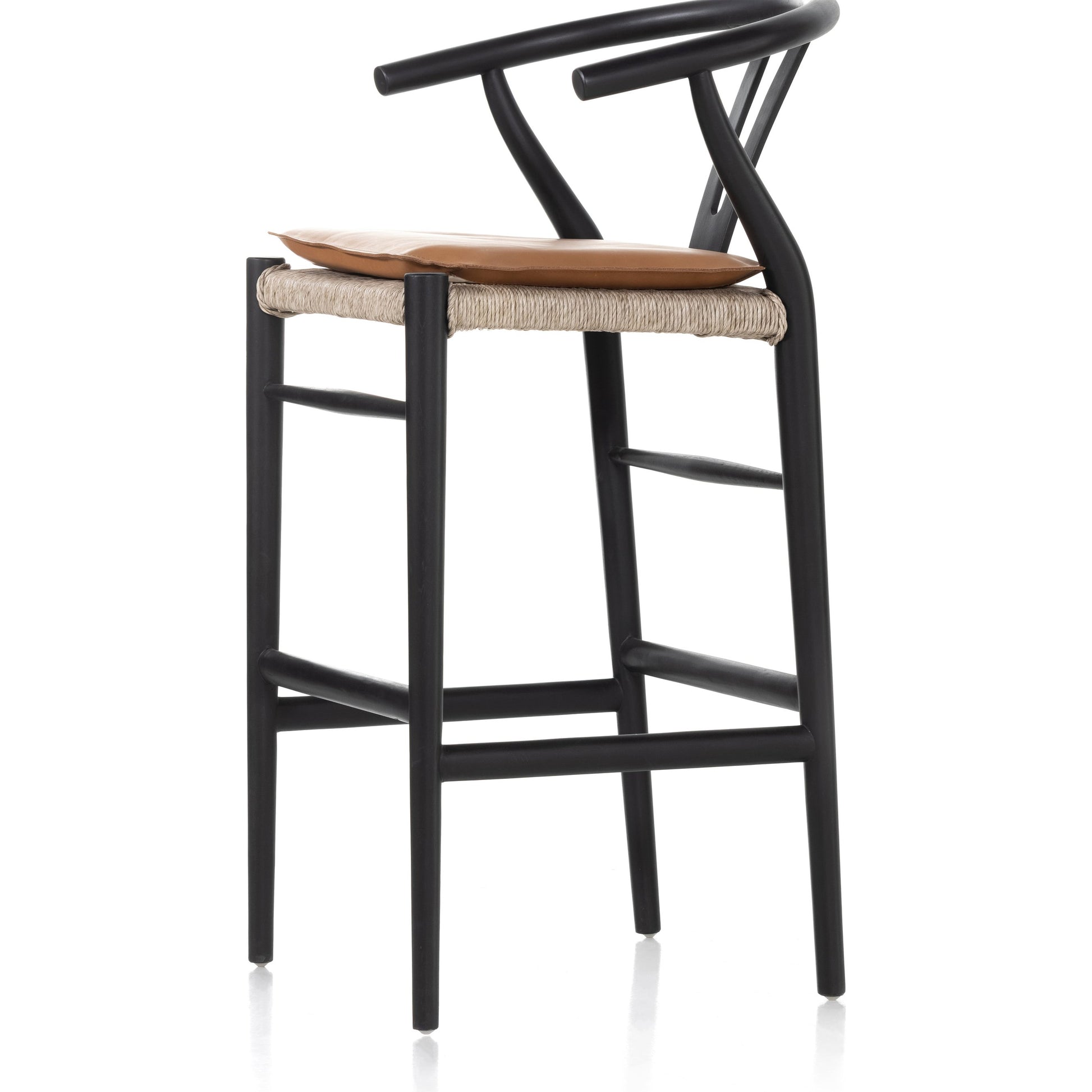 Muestra Bar Stool by Four Hands in vintage white, natural teak. Made from solid teak, 100% polyethylene in a coastal style.