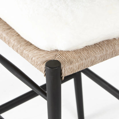 Muestra Bar Stool by Four Hands in vintage white, natural teak. Made from solid teak, 100% polyethylene in a coastal style.