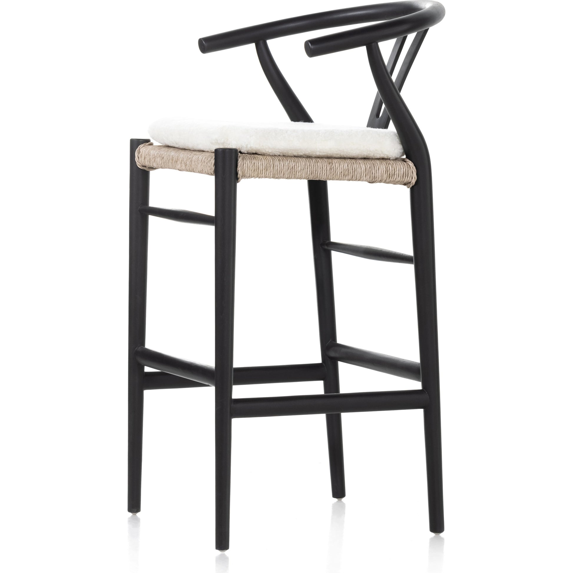 Muestra Bar Stool by Four Hands in vintage white, natural teak. Made from solid teak, 100% polyethylene in a coastal style.