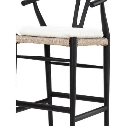 Muestra Bar Stool by Four Hands in vintage white, natural teak. Made from solid teak, 100% polyethylene in a coastal style.