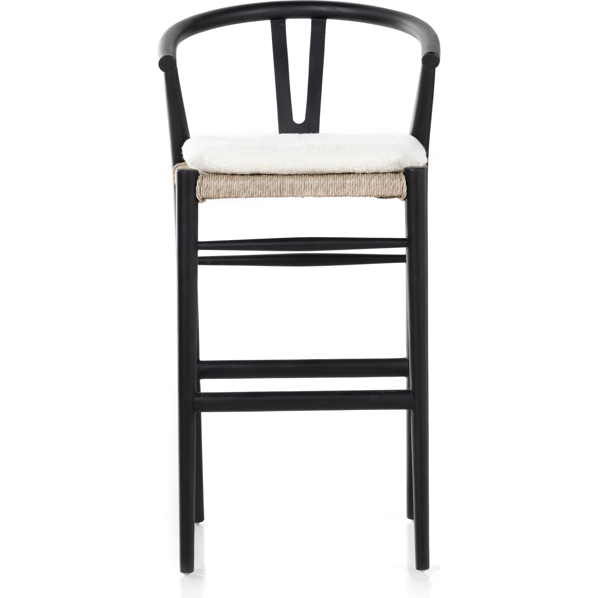 Muestra Bar Stool by Four Hands in vintage white, natural teak. Made from solid teak, 100% polyethylene in a coastal style.