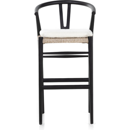 Muestra Bar Stool by Four Hands in vintage white, natural teak. Made from solid teak, 100% polyethylene in a coastal style.