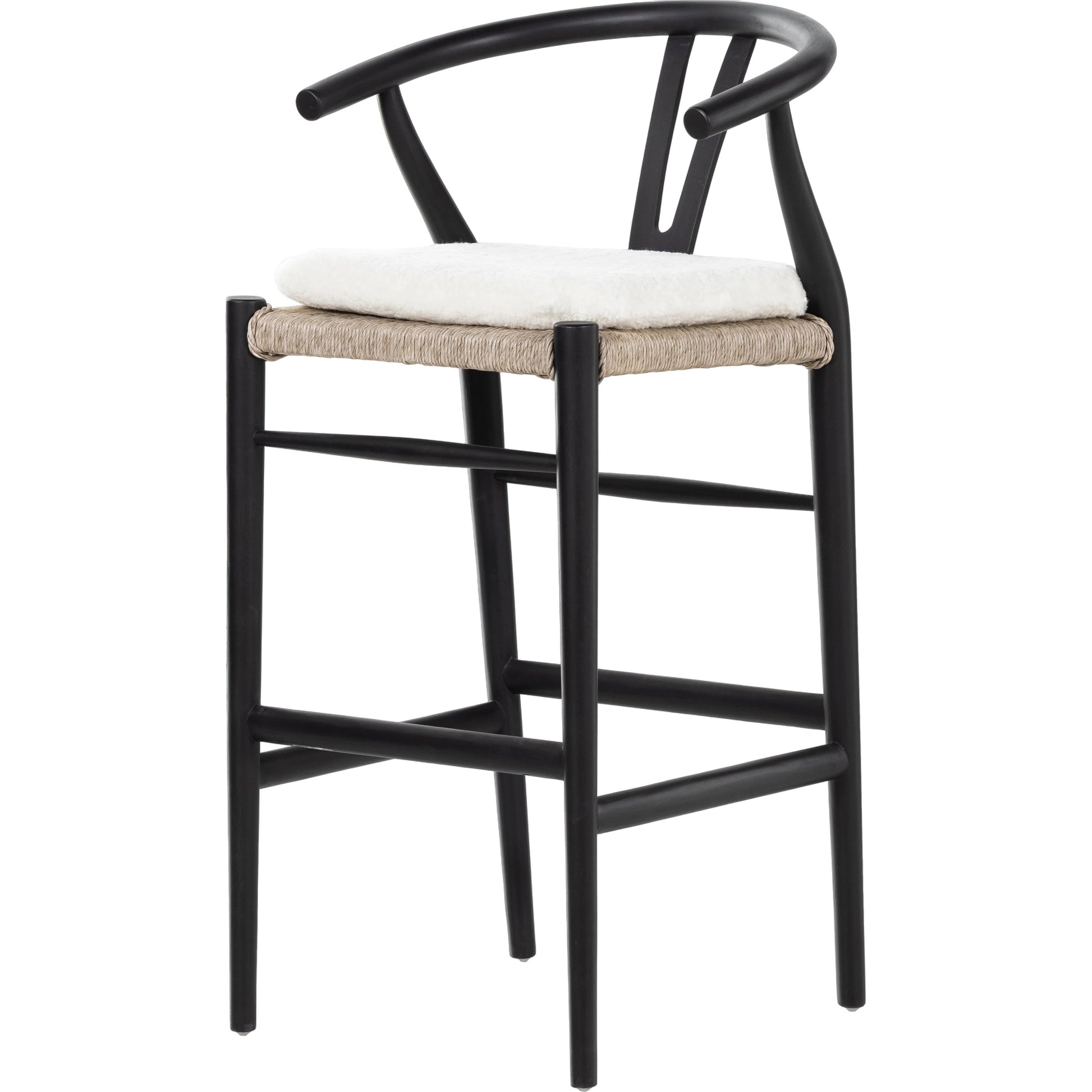 Muestra Bar Stool by Four Hands in vintage white, natural teak. Made from solid teak, 100% polyethylene in a coastal style.