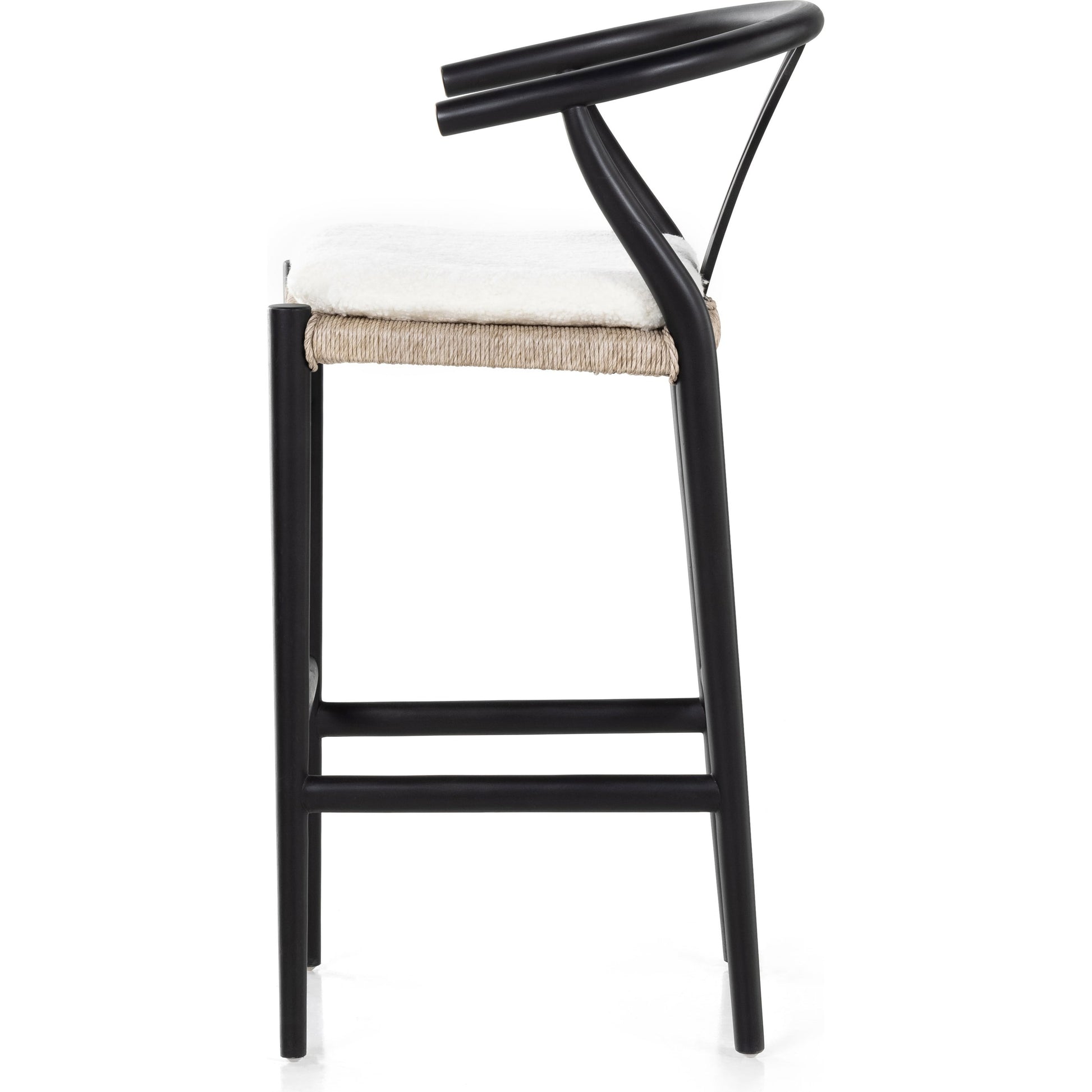 Muestra Bar Stool by Four Hands in vintage white, natural teak. Made from solid teak, 100% polyethylene in a coastal style.