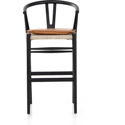 Muestra Bar Stool by Four Hands in vintage white, natural teak. Made from solid teak, 100% polyethylene in a coastal style.