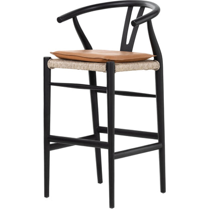 Muestra Bar Stool by Four Hands in vintage white, natural teak. Made from solid teak, 100% polyethylene in a coastal style.