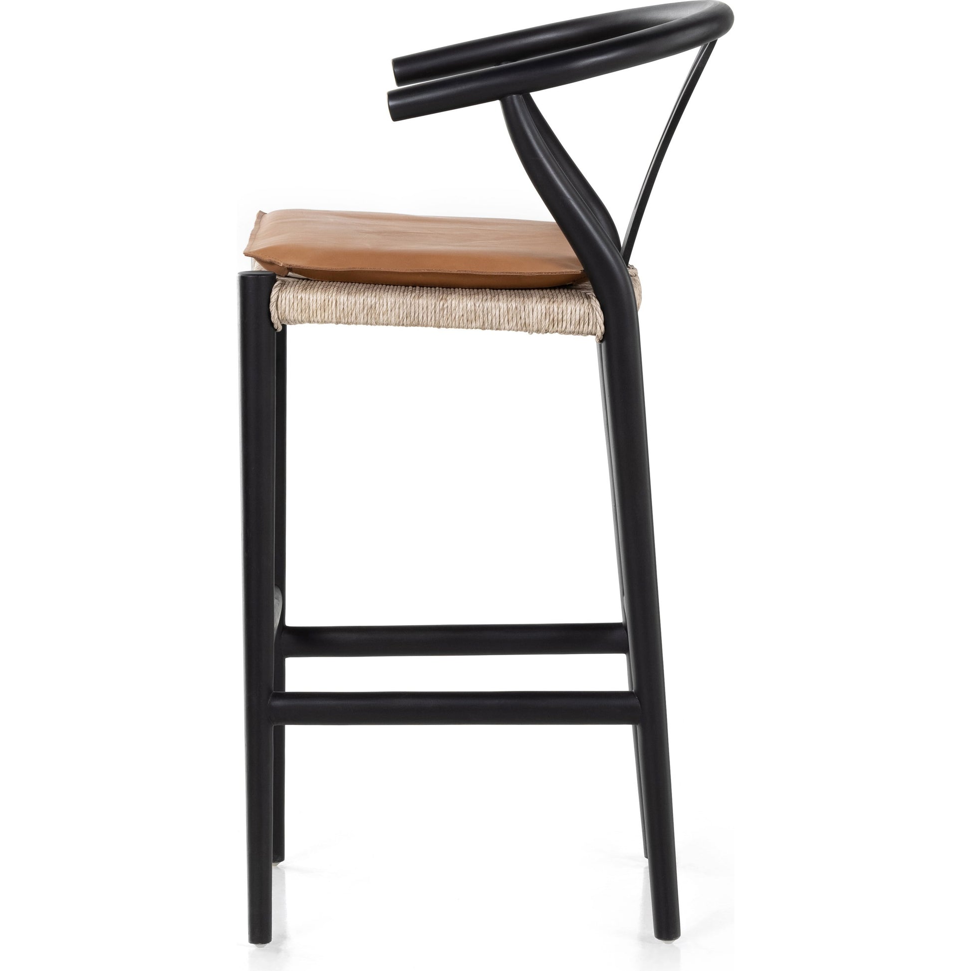 Muestra Bar Stool by Four Hands in vintage white, natural teak. Made from solid teak, 100% polyethylene in a coastal style.