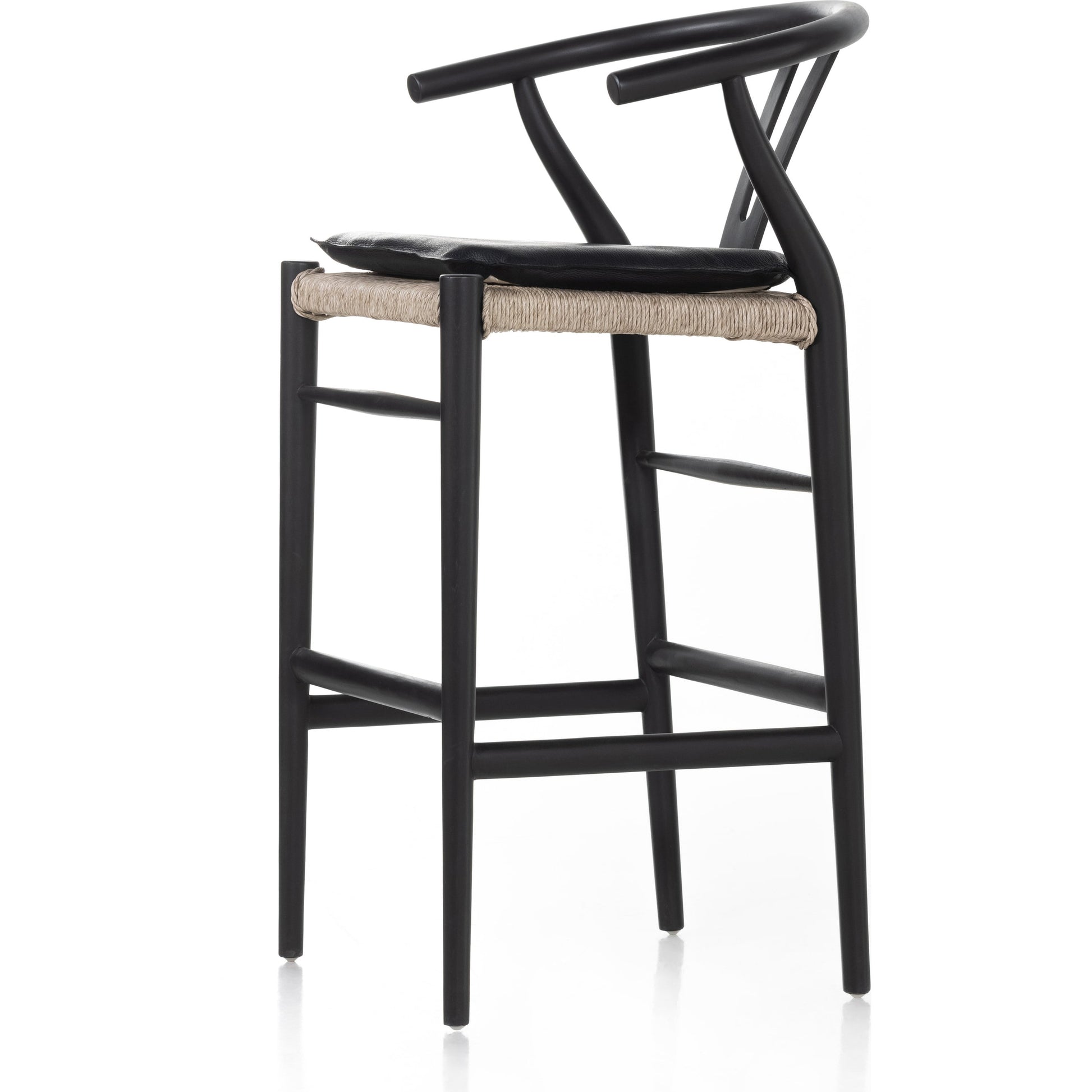 Muestra Bar Stool by Four Hands in vintage white, natural teak. Made from solid teak, 100% polyethylene in a coastal style.