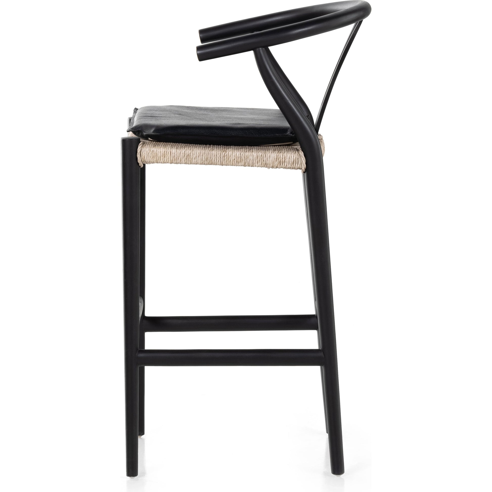 Muestra Bar Stool by Four Hands in vintage white, natural teak. Made from solid teak, 100% polyethylene in a coastal style.