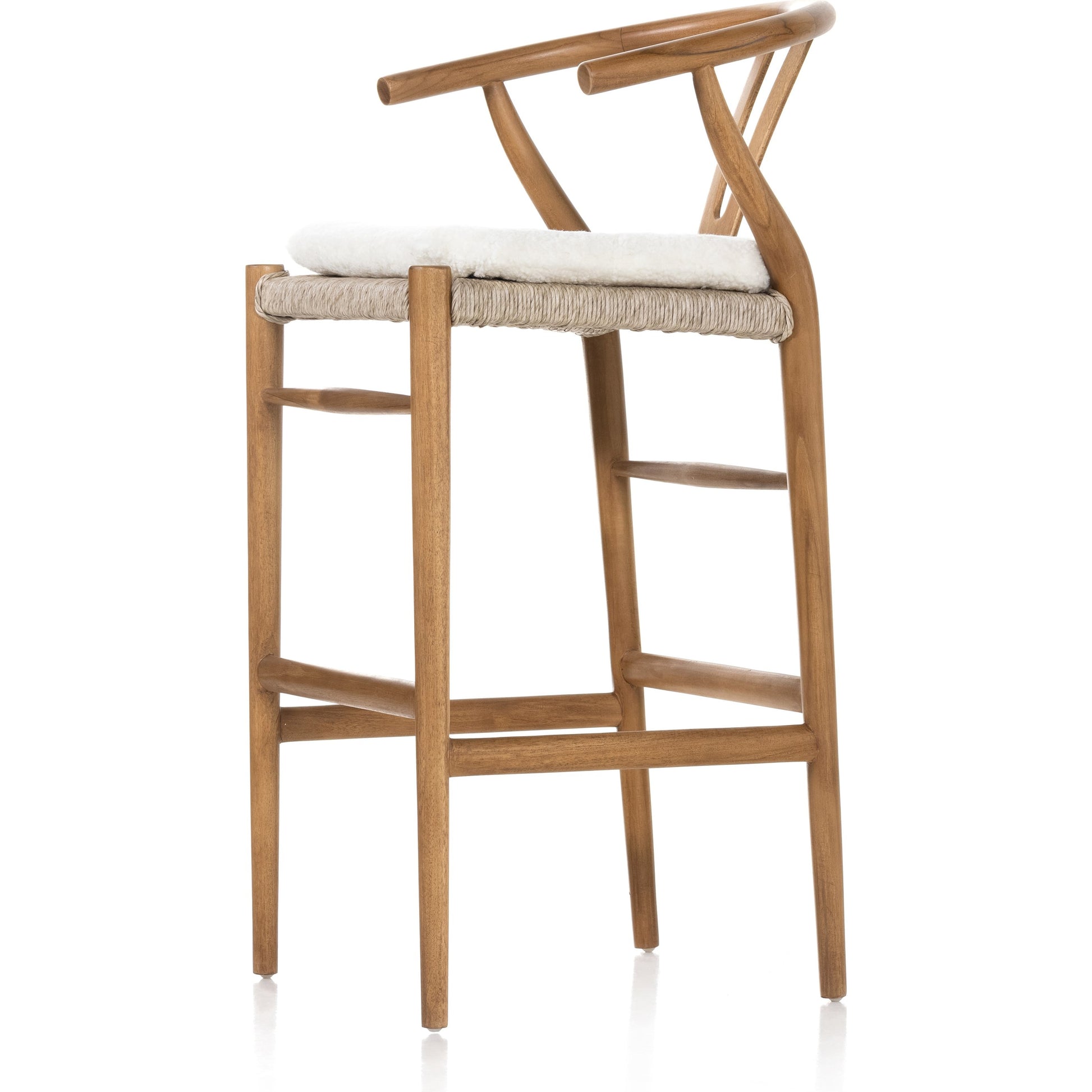 Muestra Bar Stool by Four Hands in vintage white, natural teak. Made from solid teak, 100% polyethylene in a coastal style.