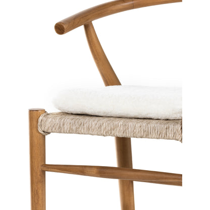 Muestra Bar Stool by Four Hands in vintage white, natural teak. Made from solid teak, 100% polyethylene in a coastal style.