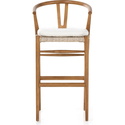 Muestra Bar Stool by Four Hands in vintage white, natural teak. Made from solid teak, 100% polyethylene in a coastal style.