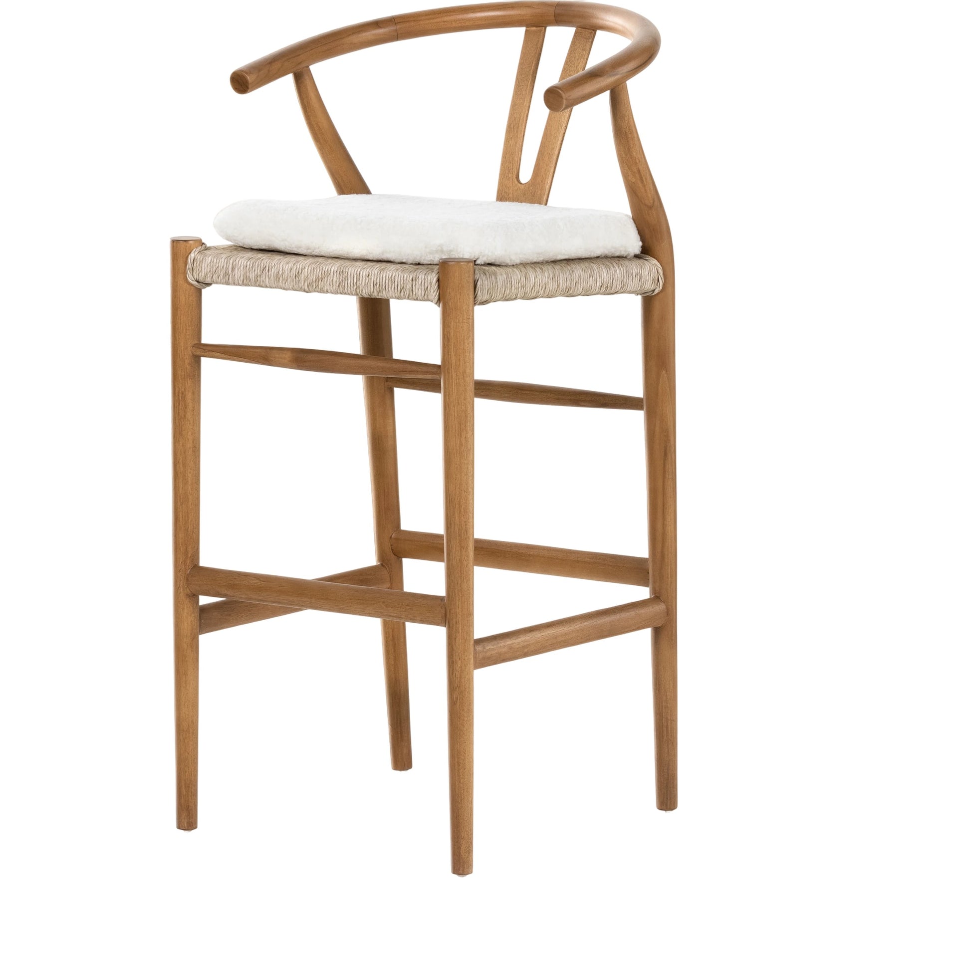 Muestra Bar Stool by Four Hands in vintage white, natural teak. Made from solid teak, 100% polyethylene in a coastal style.