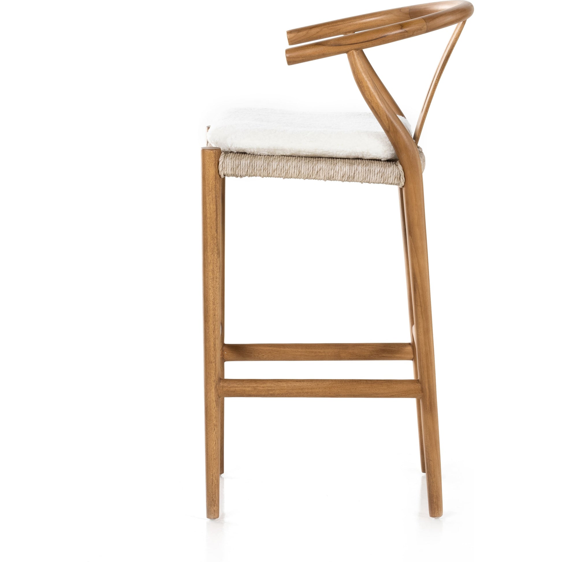 Muestra Bar Stool by Four Hands in vintage white, natural teak. Made from solid teak, 100% polyethylene in a coastal style.