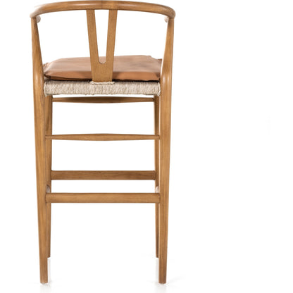 Muestra Bar Stool by Four Hands in vintage white, natural teak. Made from solid teak, 100% polyethylene in a coastal style.