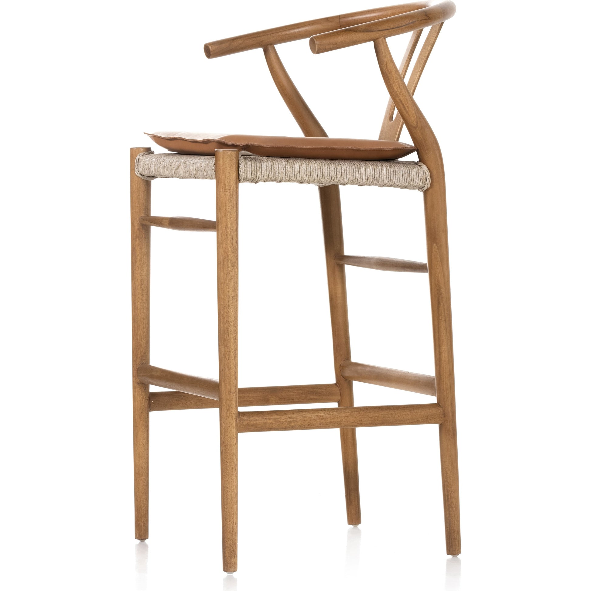 Muestra Bar Stool by Four Hands in vintage white, natural teak. Made from solid teak, 100% polyethylene in a coastal style.