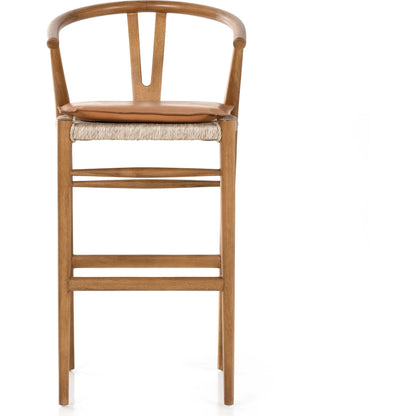 Muestra Bar Stool by Four Hands in vintage white, natural teak. Made from solid teak, 100% polyethylene in a coastal style.