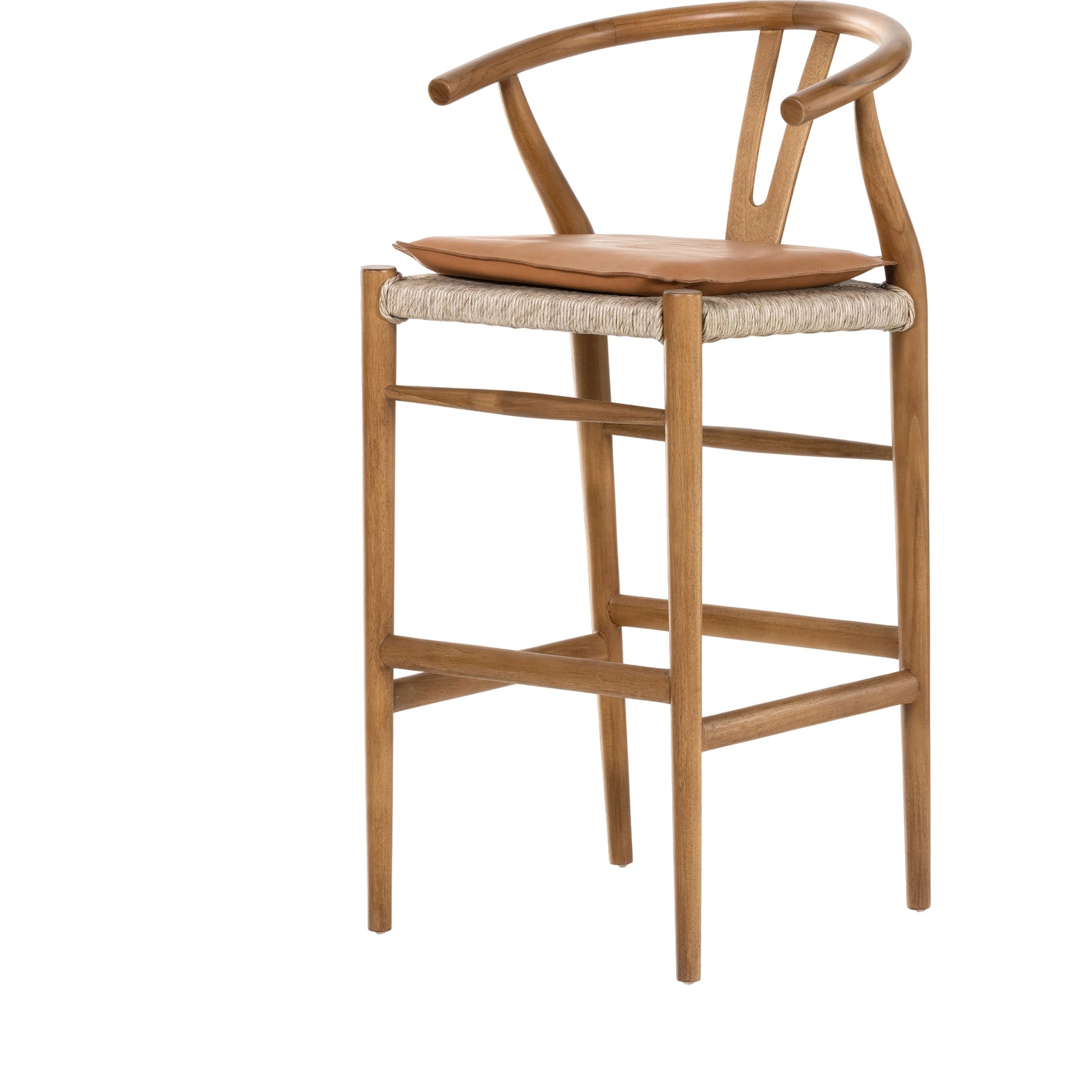 Muestra Bar Stool by Four Hands in vintage white, natural teak. Made from solid teak, 100% polyethylene in a coastal style.