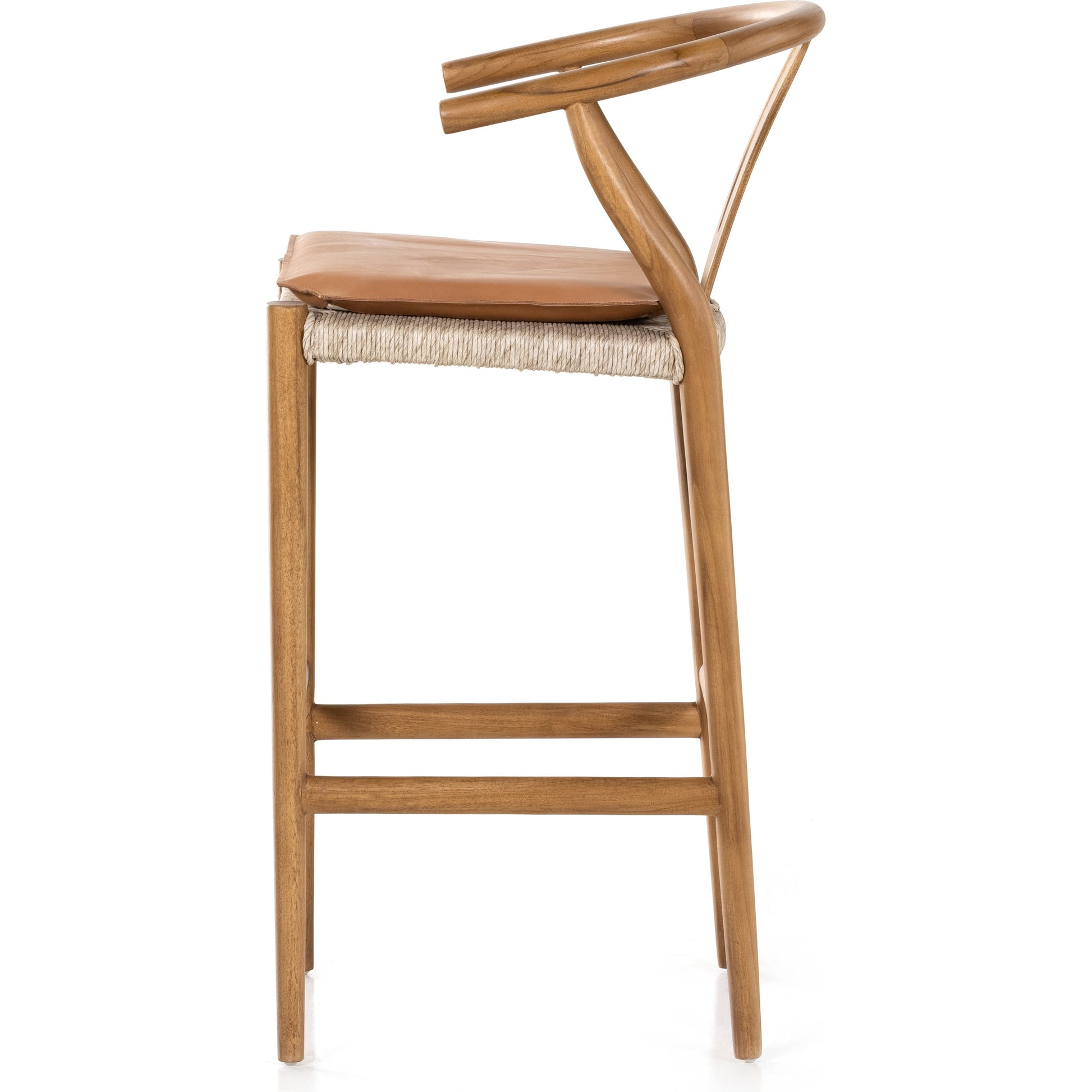 Muestra Bar Stool by Four Hands in vintage white, natural teak. Made from solid teak, 100% polyethylene in a coastal style.
