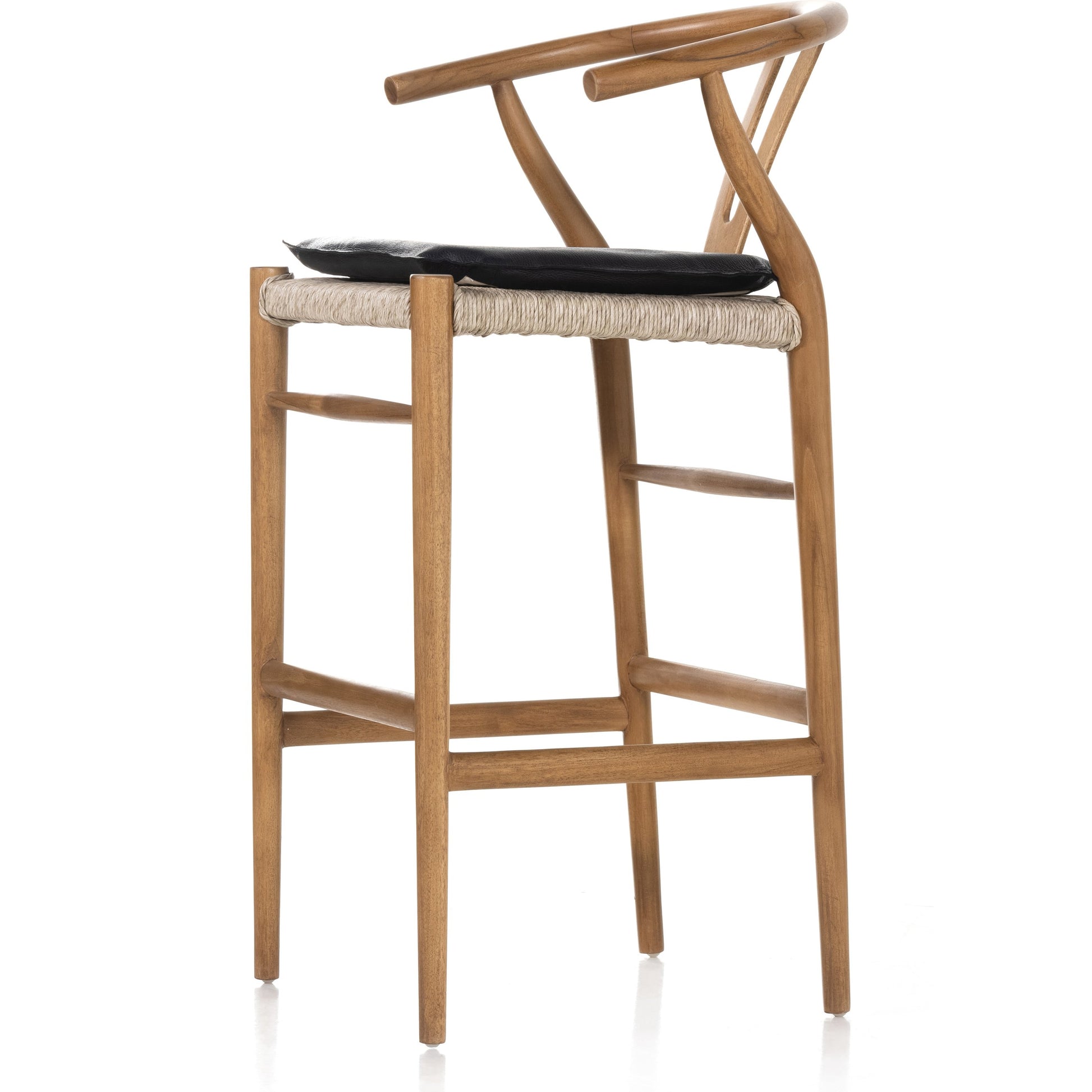 Muestra Bar Stool by Four Hands in vintage white, natural teak. Made from solid teak, 100% polyethylene in a coastal style.