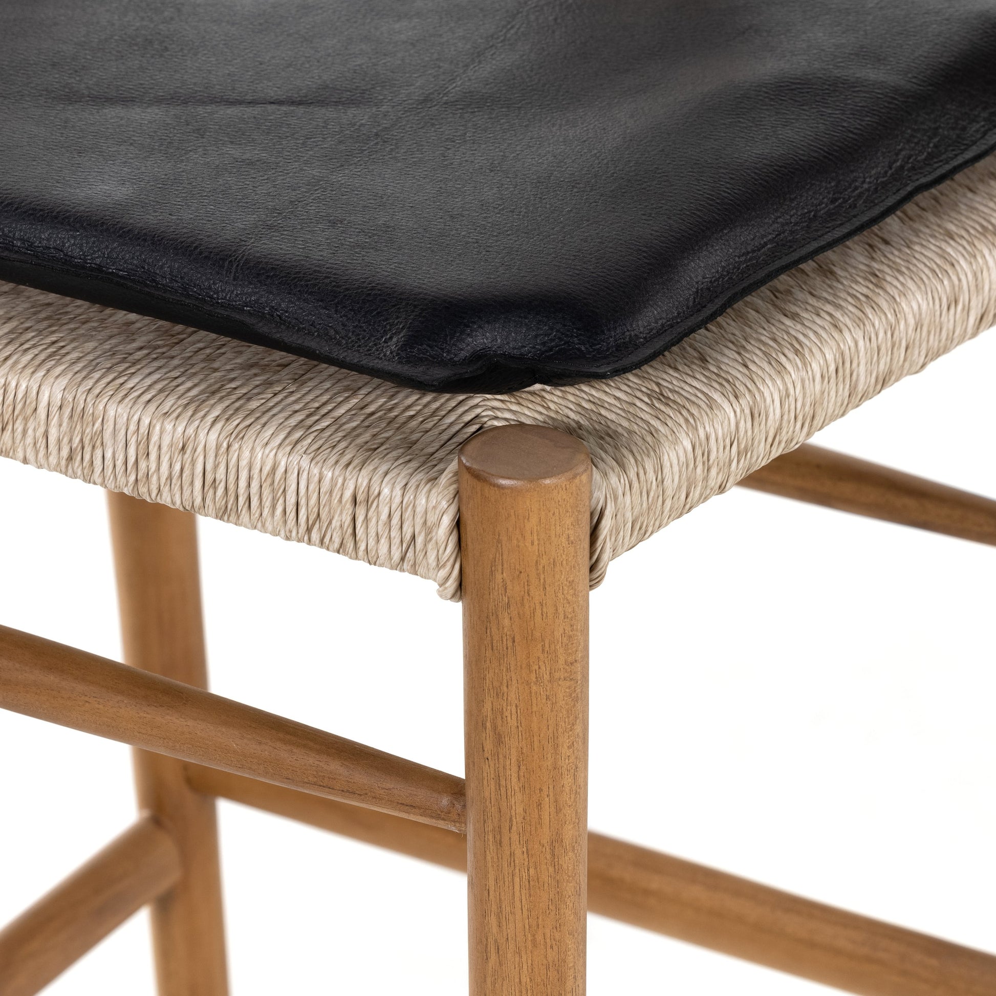 Muestra Bar Stool by Four Hands in vintage white, natural teak. Made from solid teak, 100% polyethylene in a coastal style.
