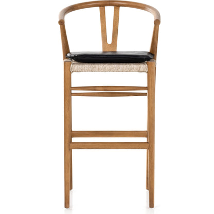 Muestra Bar Stool by Four Hands in vintage white, natural teak. Made from solid teak, 100% polyethylene in a coastal style.