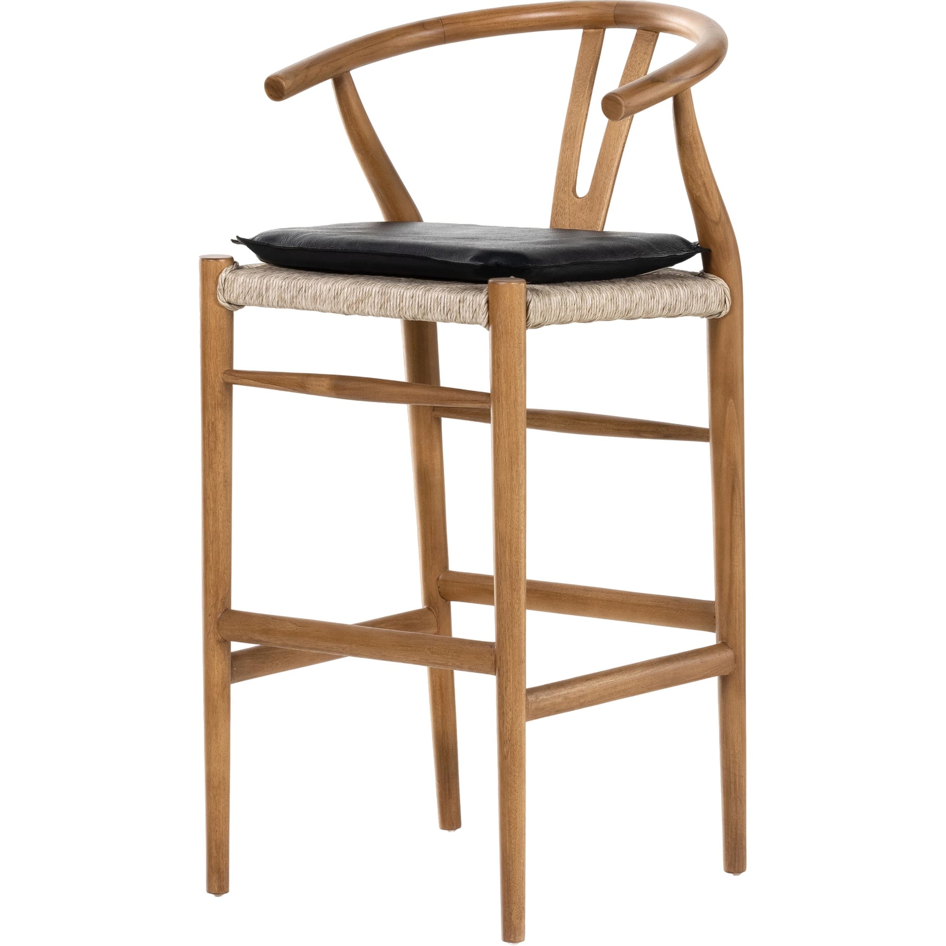 Muestra Bar Stool by Four Hands in vintage white, natural teak. Made from solid teak, 100% polyethylene in a coastal style.