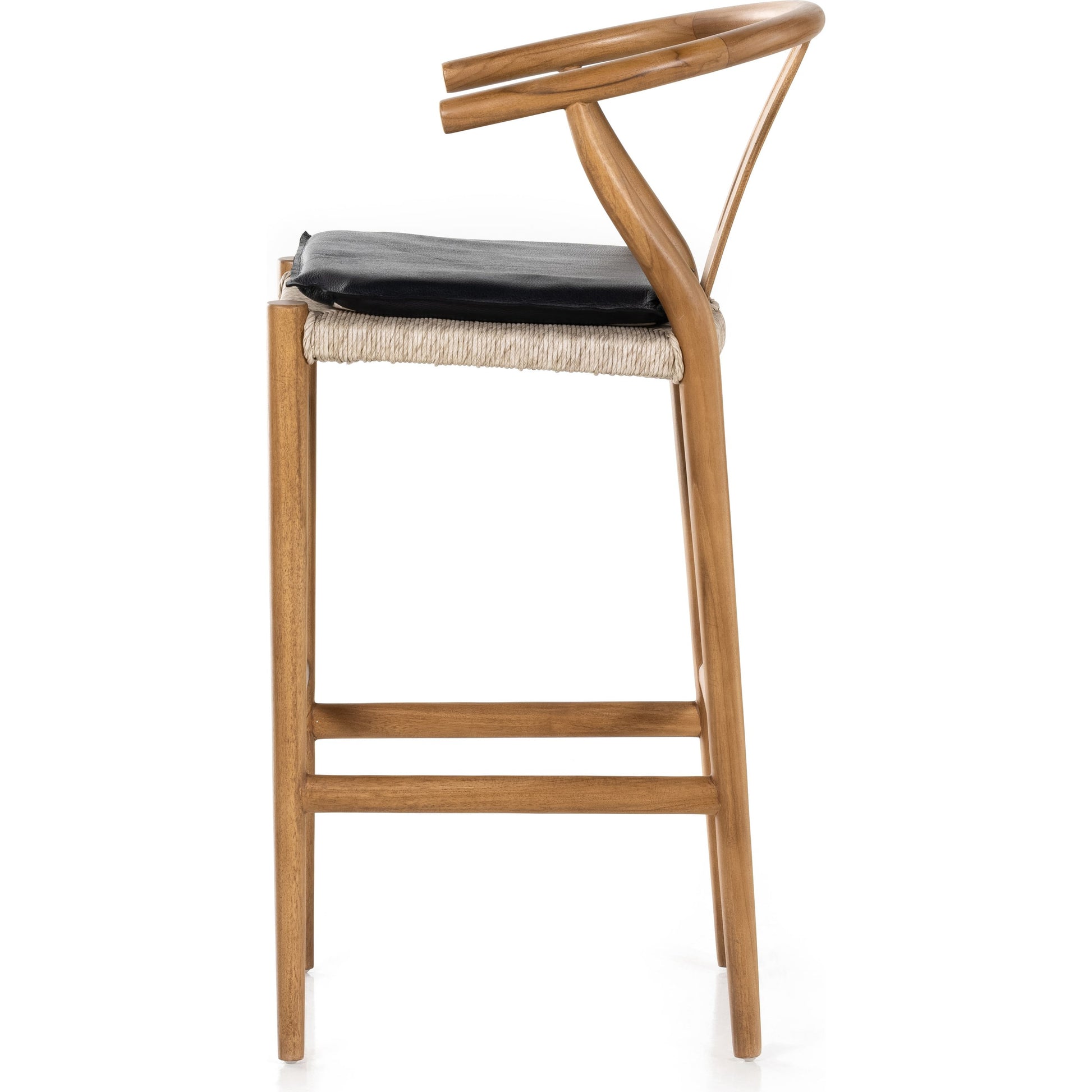 Muestra Bar Stool by Four Hands in vintage white, natural teak. Made from solid teak, 100% polyethylene in a coastal style.