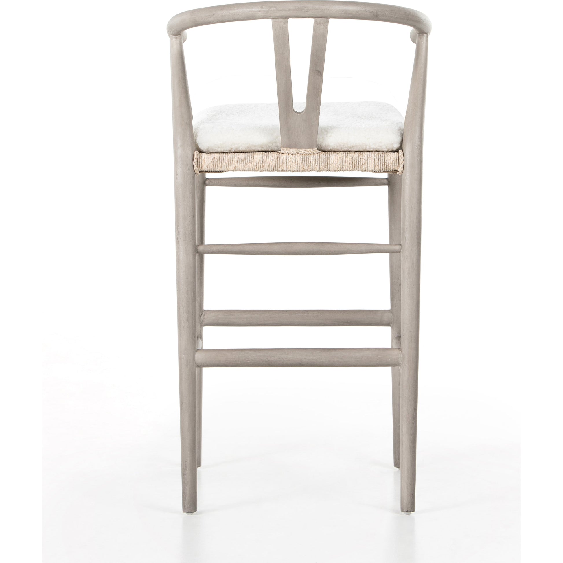 Muestra Bar Stool by Four Hands in vintage white, natural teak. Made from solid teak, 100% polyethylene in a coastal style.
