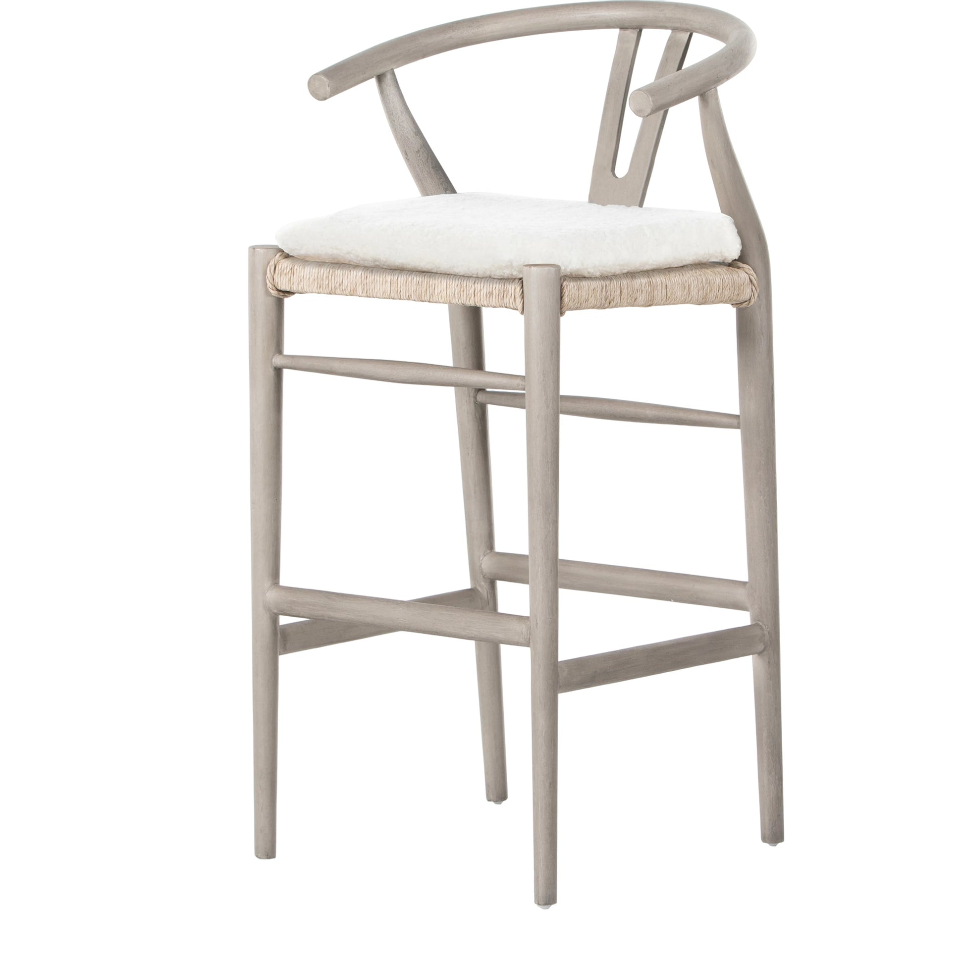 Muestra Bar Stool by Four Hands in vintage white, natural teak. Made from solid teak, 100% polyethylene in a coastal style.