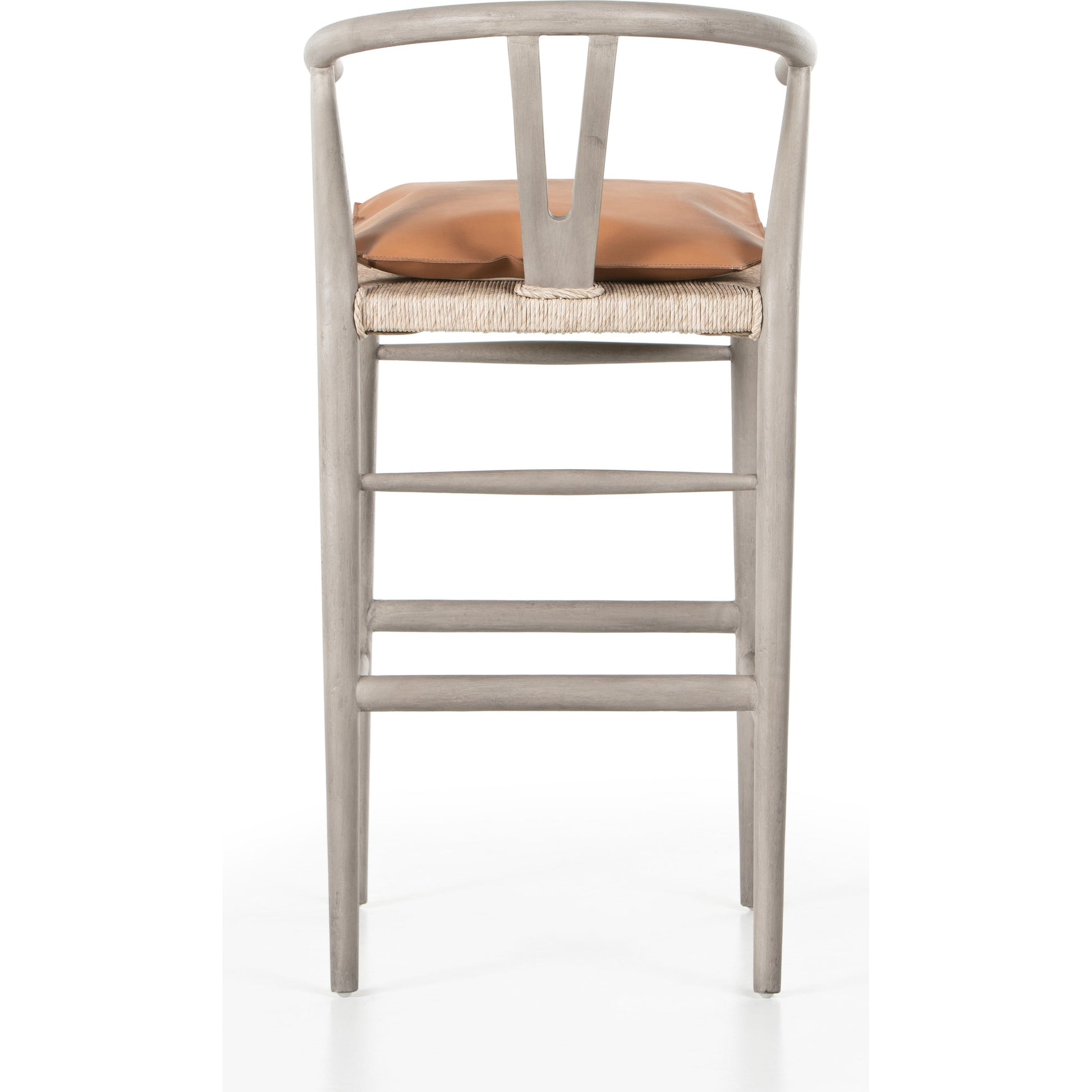 Muestra Bar Stool by Four Hands in vintage white, natural teak. Made from solid teak, 100% polyethylene in a coastal style.
