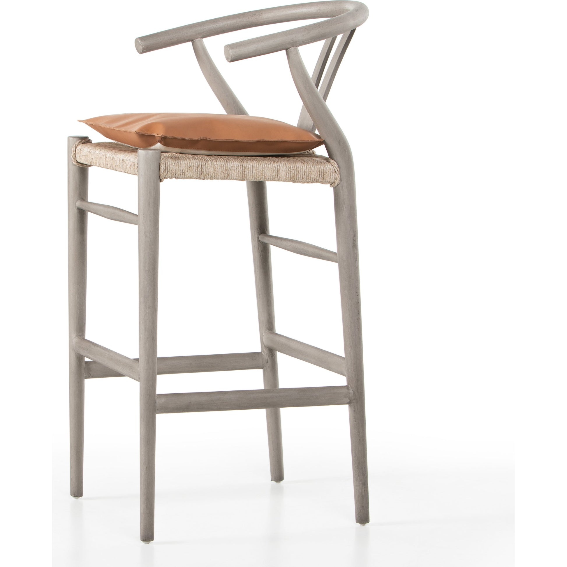 Muestra Bar Stool by Four Hands in vintage white, natural teak. Made from solid teak, 100% polyethylene in a coastal style.