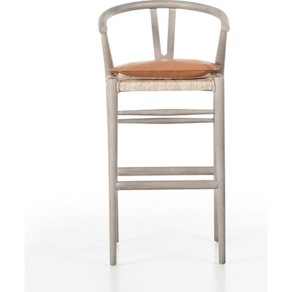 Muestra Bar Stool by Four Hands in vintage white, natural teak. Made from solid teak, 100% polyethylene in a coastal style.