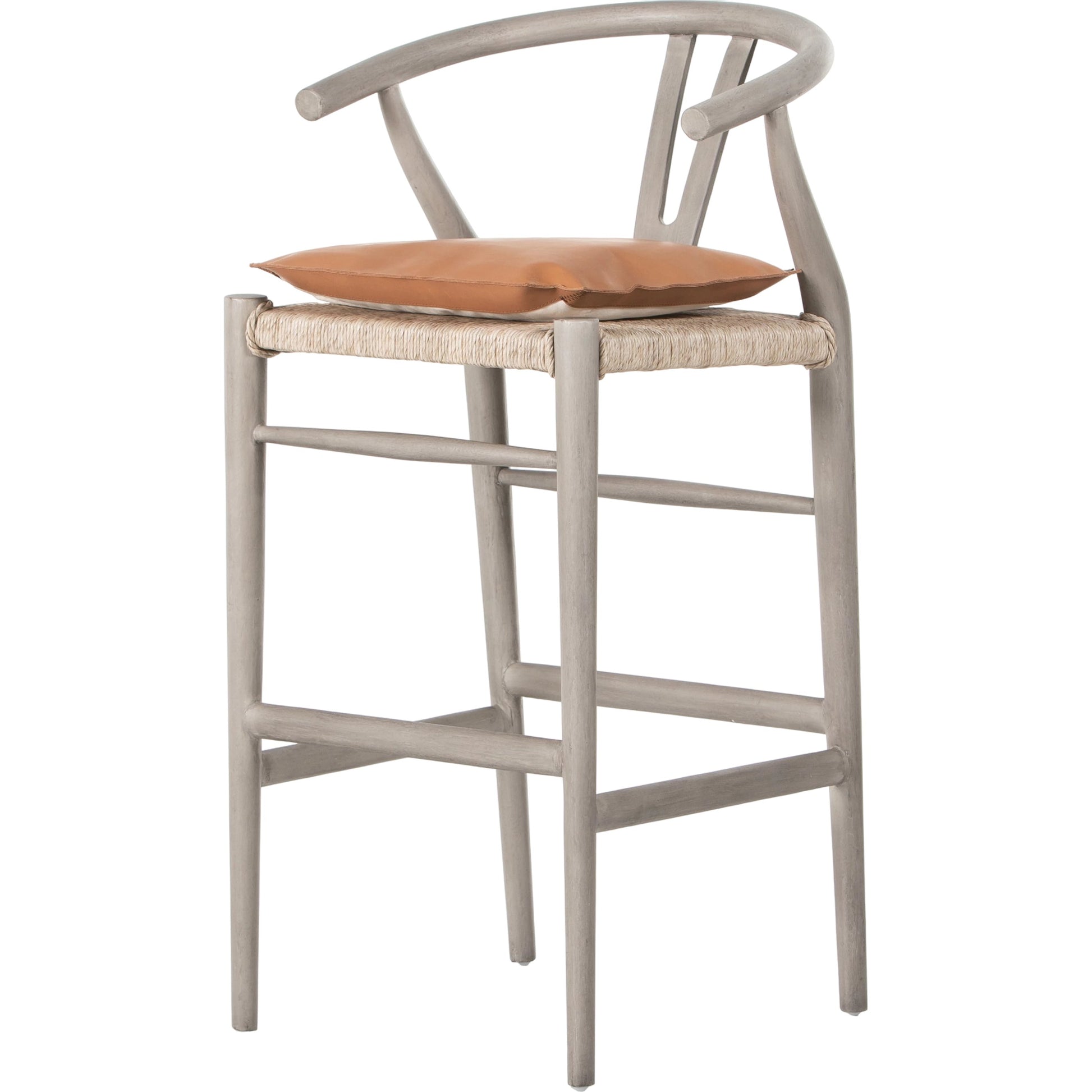Muestra Bar Stool by Four Hands in vintage white, natural teak. Made from solid teak, 100% polyethylene in a coastal style.