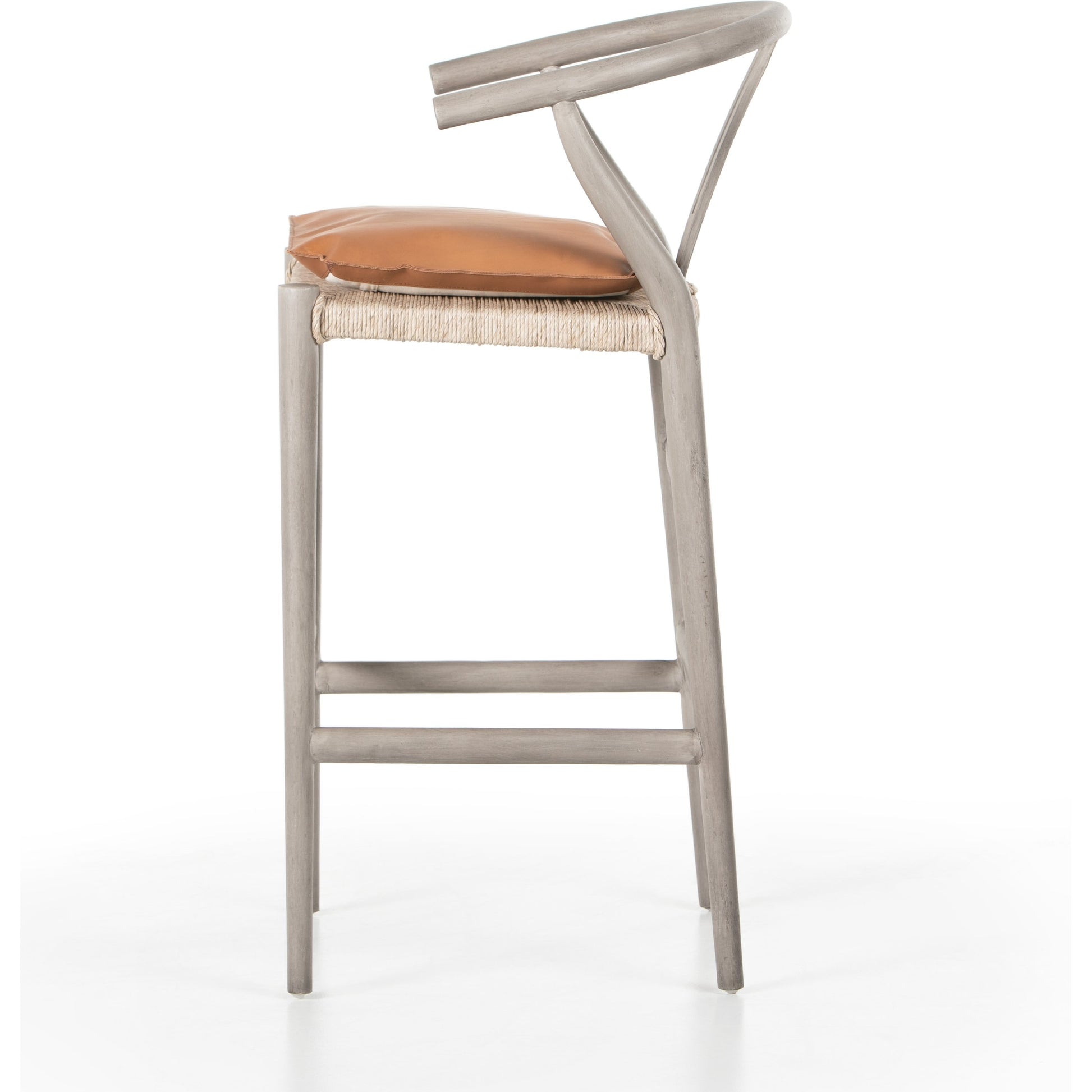 Muestra Bar Stool by Four Hands in vintage white, natural teak. Made from solid teak, 100% polyethylene in a coastal style.