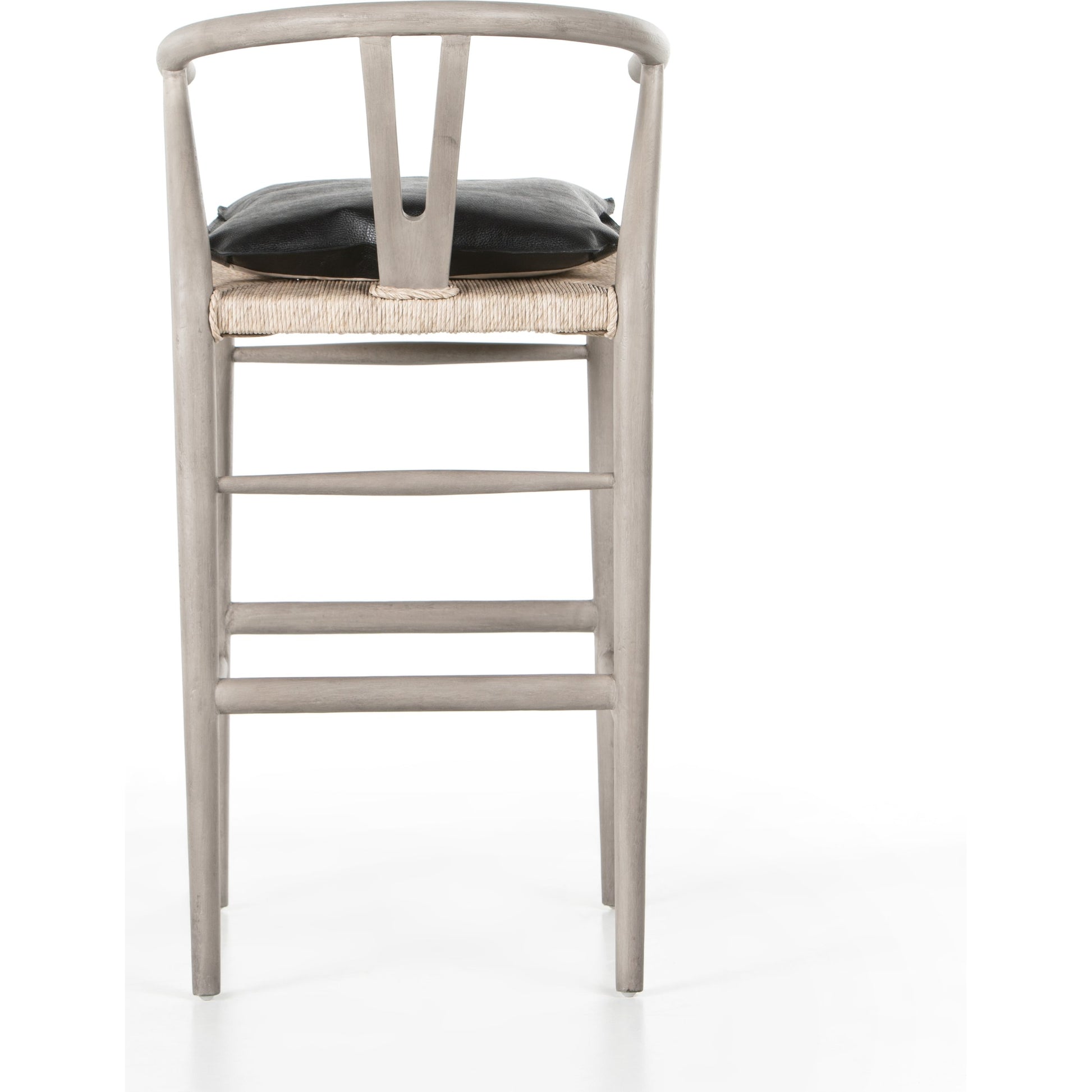 Muestra Bar Stool by Four Hands in vintage white, natural teak. Made from solid teak, 100% polyethylene in a coastal style.