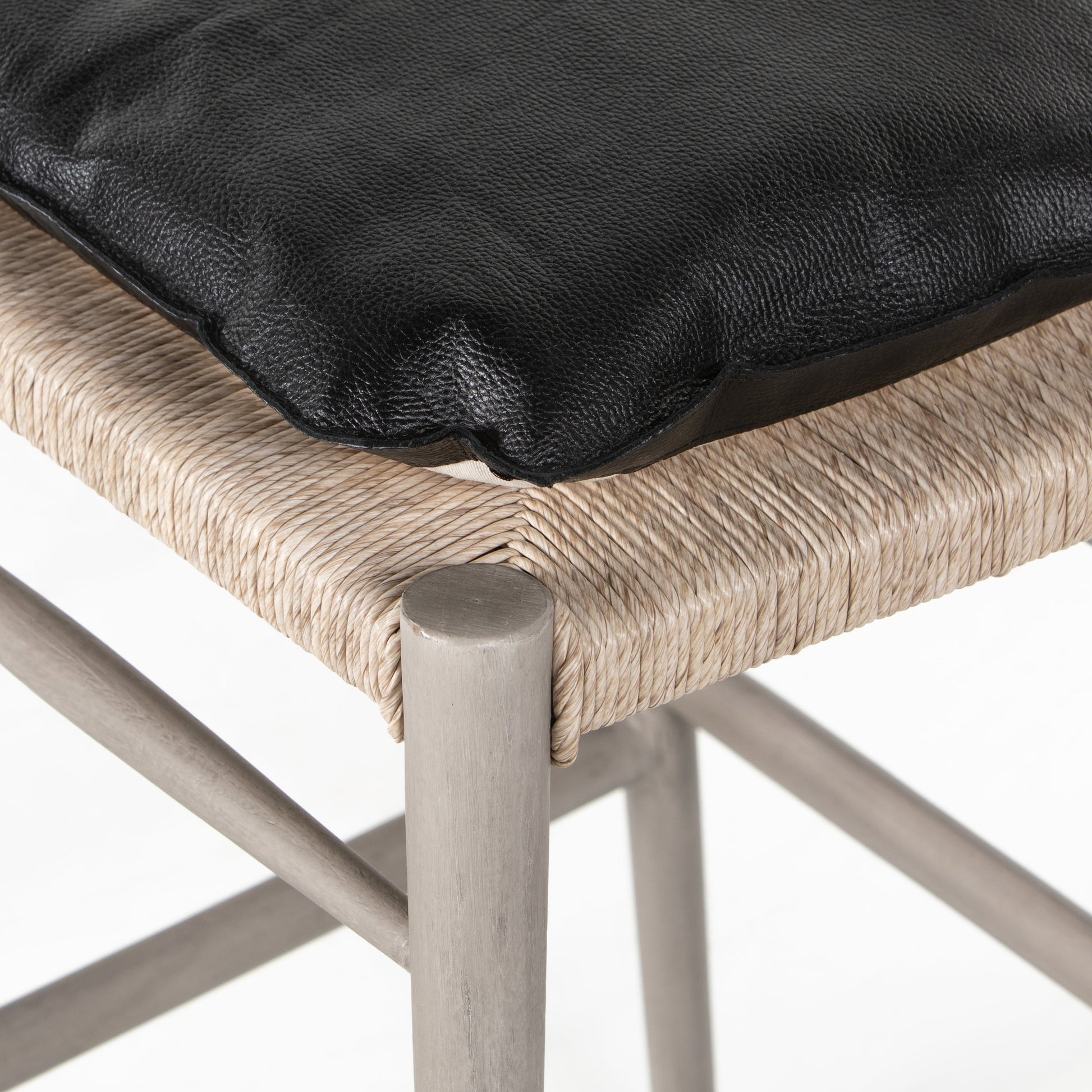 Muestra Bar Stool by Four Hands in vintage white, natural teak. Made from solid teak, 100% polyethylene in a coastal style.