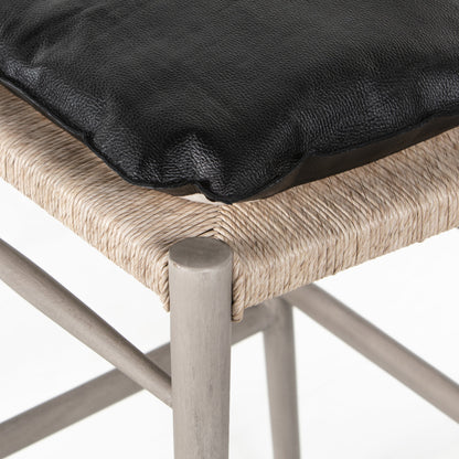 Muestra Bar Stool by Four Hands in vintage white, natural teak. Made from solid teak, 100% polyethylene in a coastal style.