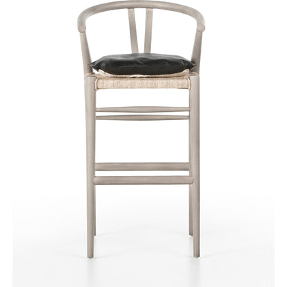 Muestra Bar Stool by Four Hands in vintage white, natural teak. Made from solid teak, 100% polyethylene in a coastal style.
