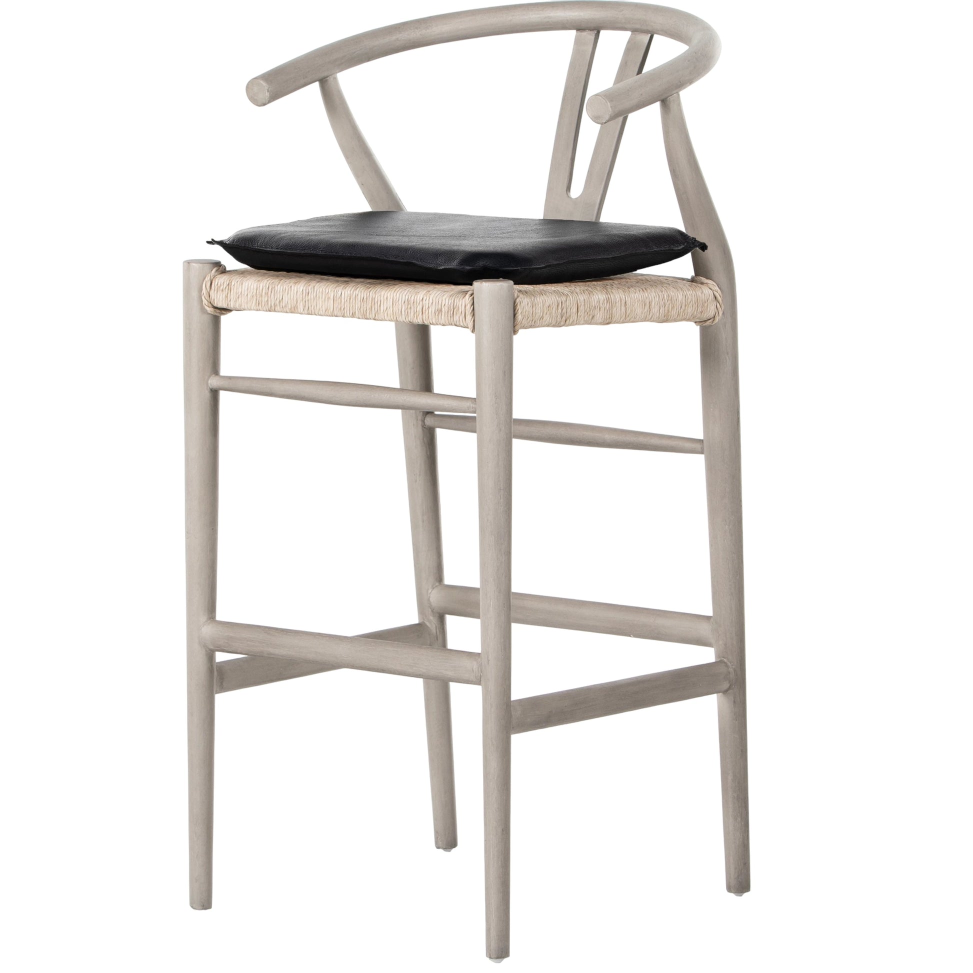 Muestra Bar Stool by Four Hands in vintage white, natural teak. Made from solid teak, 100% polyethylene in a coastal style.