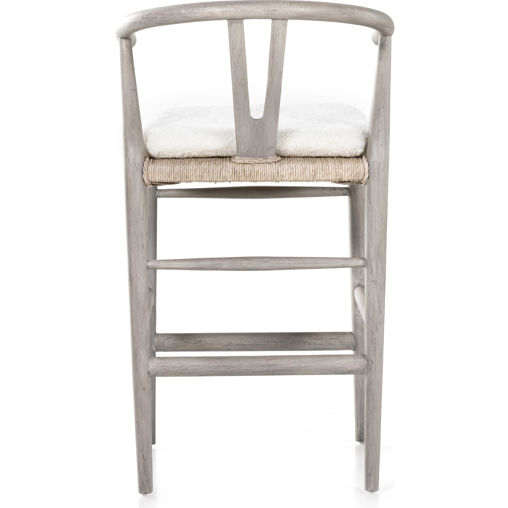 Muestra Counter Stool by Four Hands in vintage white, black teak. Made from solid teak, 100% polyethylene in a coastal style.
